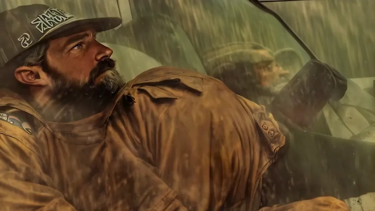 A still from BAD ACID: a bearded man in a truck in the rain, repainted by AI style transfer