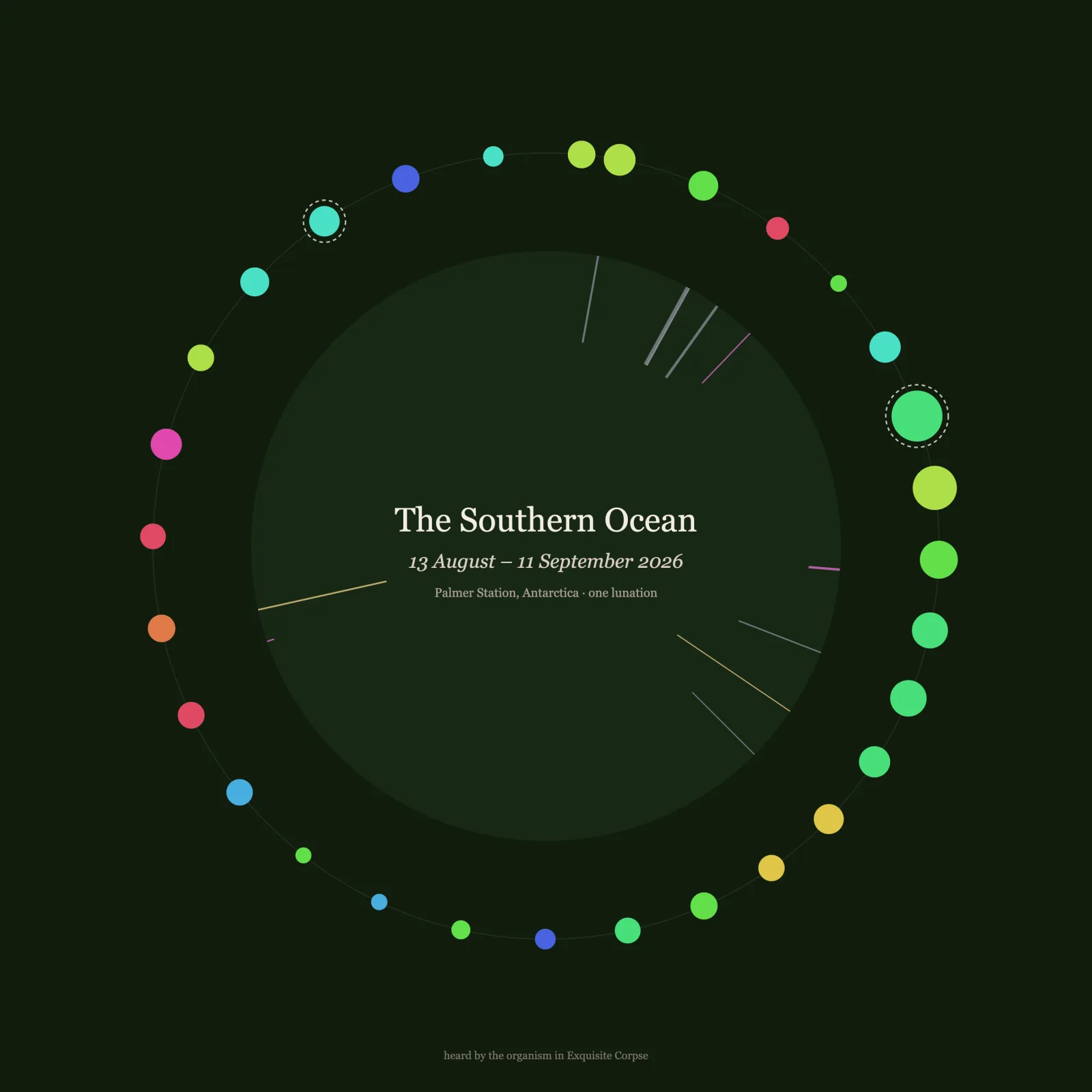 Cover of The Southern Ocean, lunation of 13 August 2026: one turn of a lunar spiral, each day a disc coloured by the ocean's note